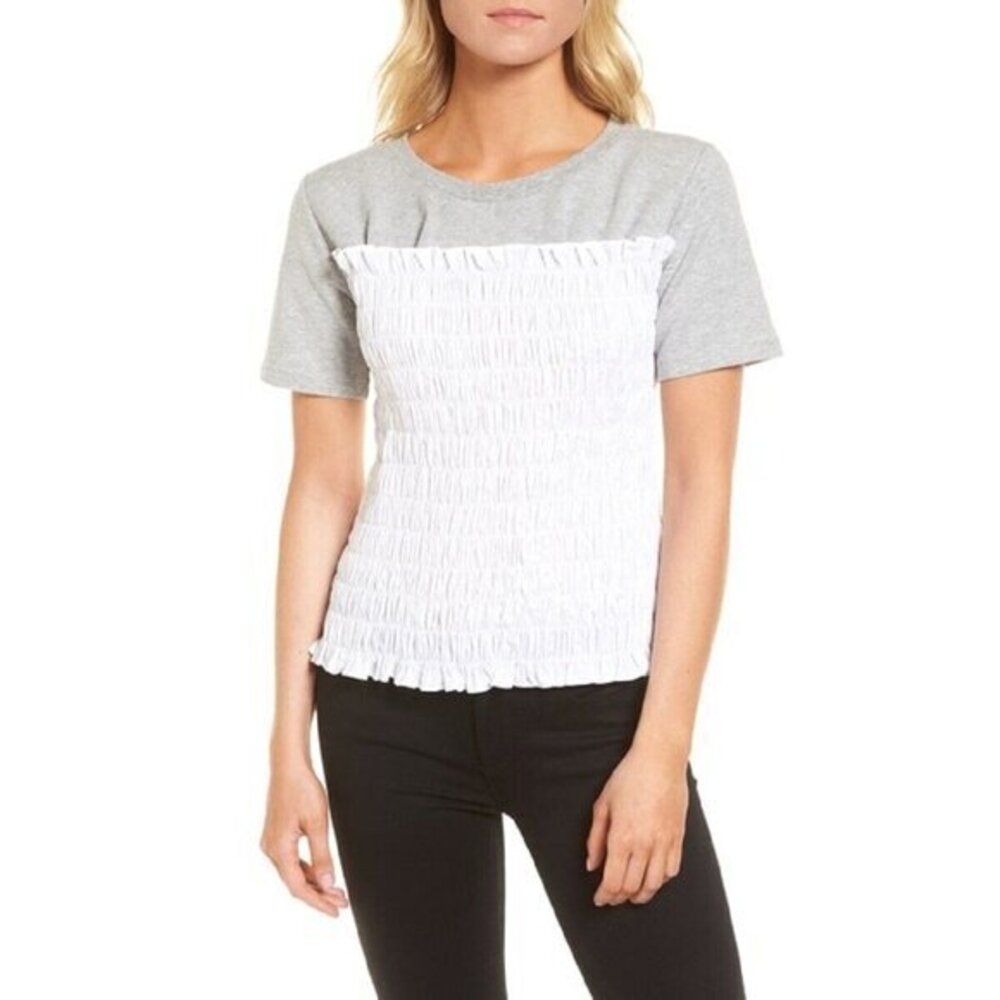 Chelsea28 Top Grey Heather White Short Sleeve Ruched Top Shirt Blouse SZ M New